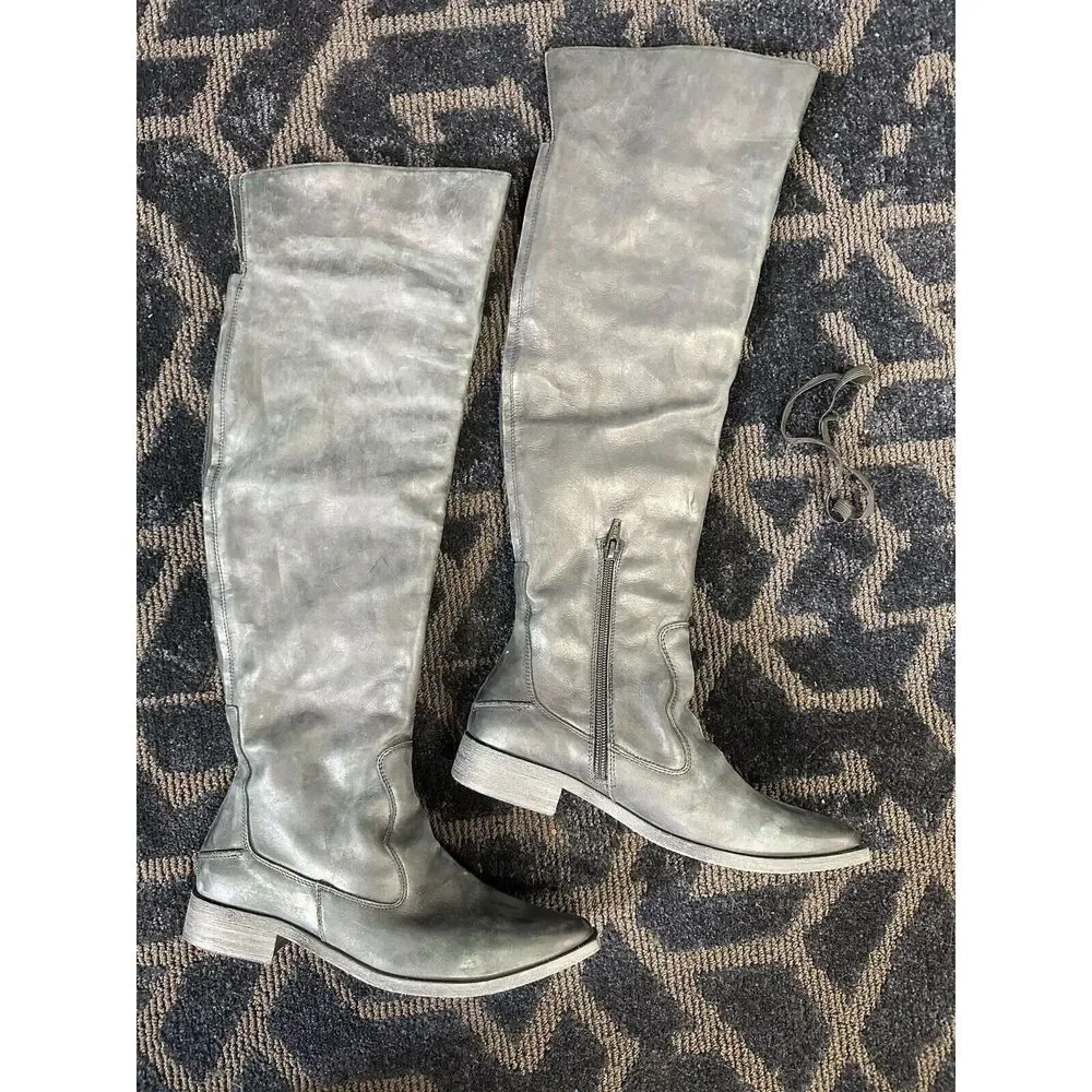 Free People Brenna Over The Knee Natural Black Leather Boots Size 37